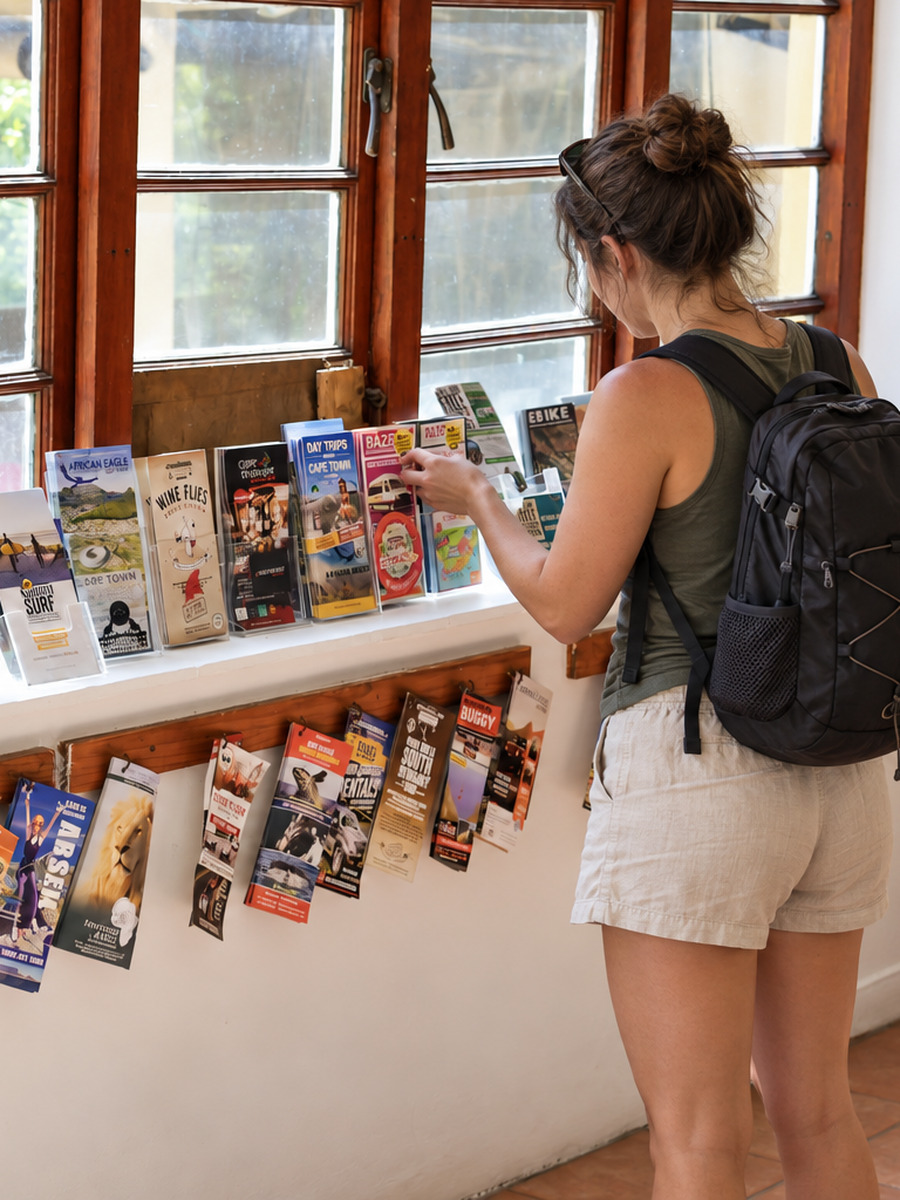 A guest planning Cape Town activities at the hostel tour display